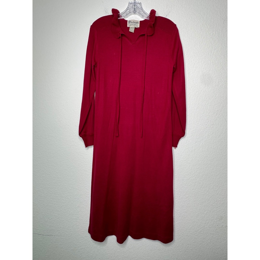 Vintage Pariscope Red Knit Long Dress Ruffle Collar Dark Academia Noir Size 12